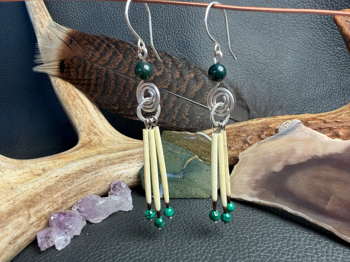 Moss Agate Silver Spiral - Three Quills