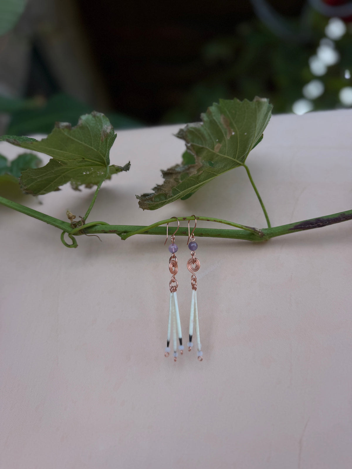 Copper Earrings-3 Quill- Amethyst Round