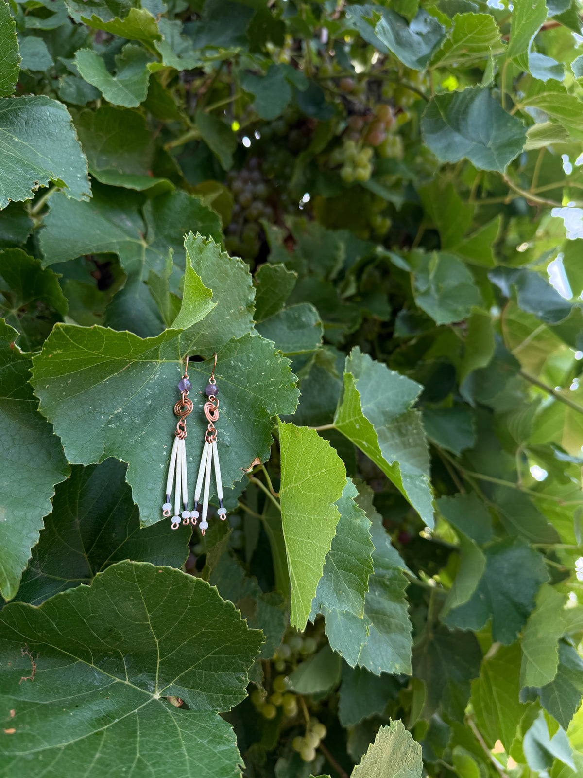 Copper Earrings-3 Quill- Amethyst Round