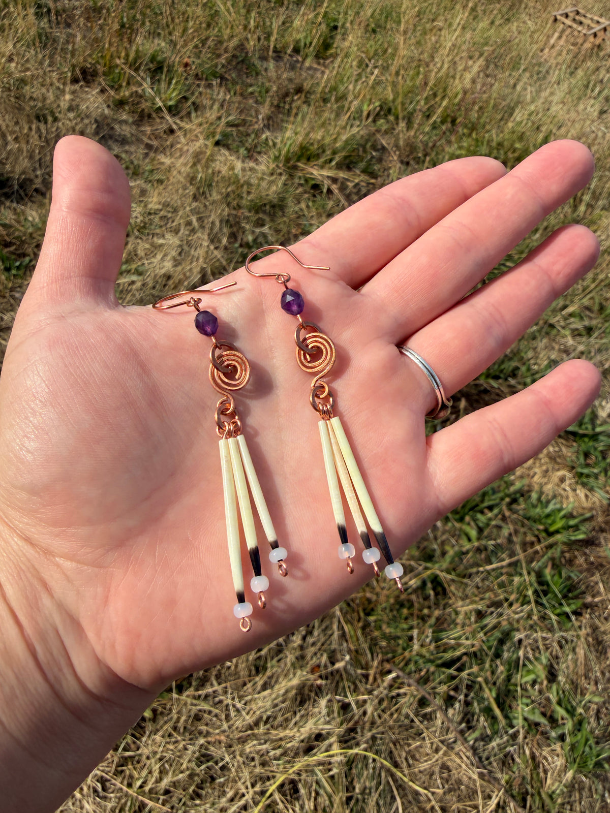 Copper Earrings-3 Quill-Faceted Amethyst