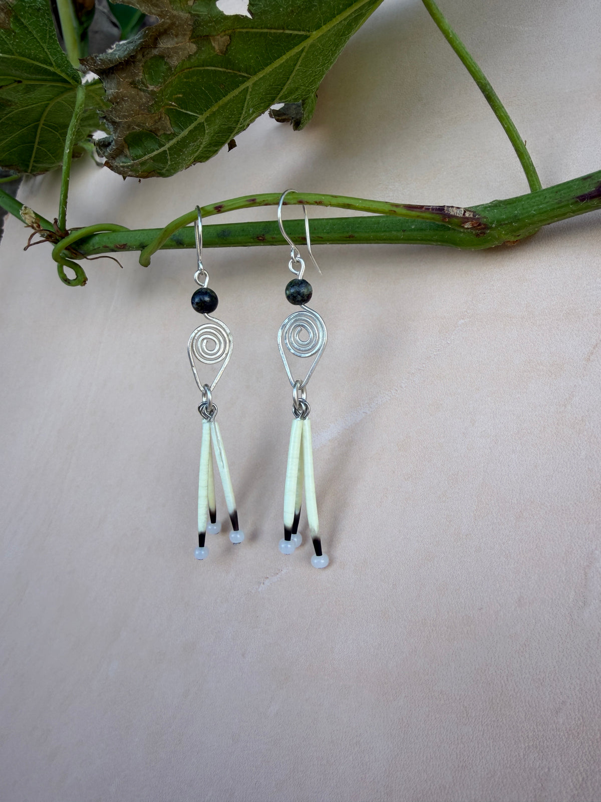 Silver Earrings-3 quill-Dragons blood Jasper