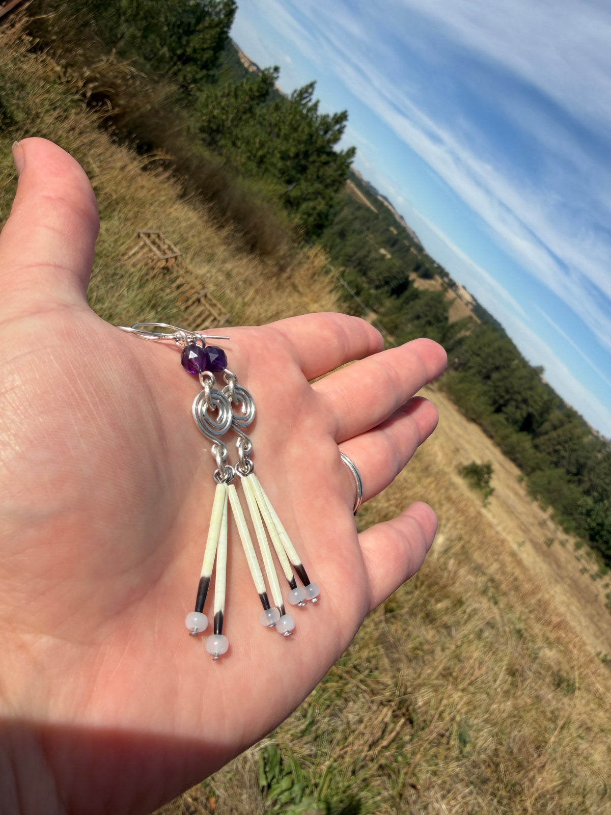 Silver Earrings-3 Quill-Faceted Amethyst