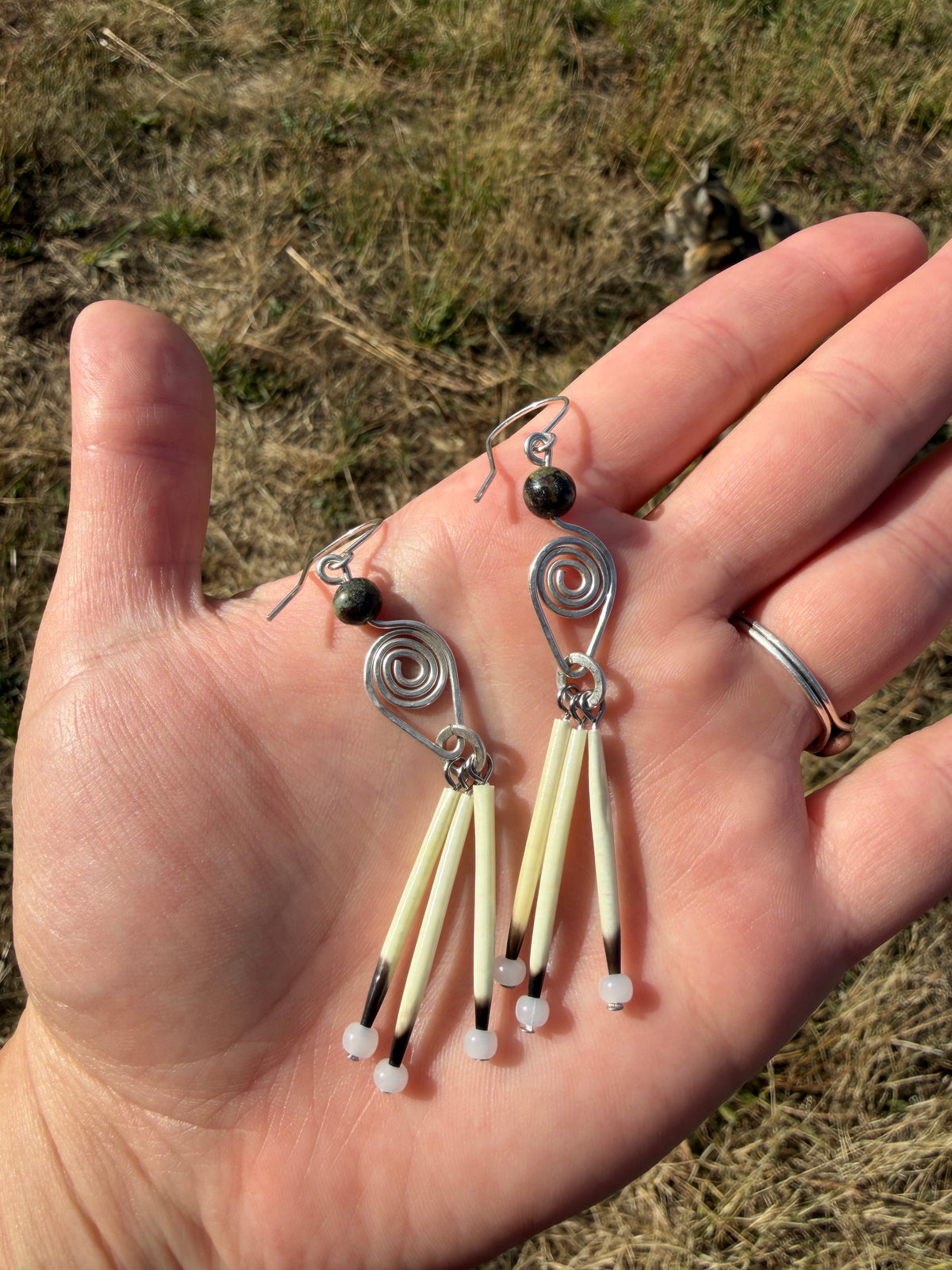 Silver Earrings-3 quill-Dragons blood Jasper