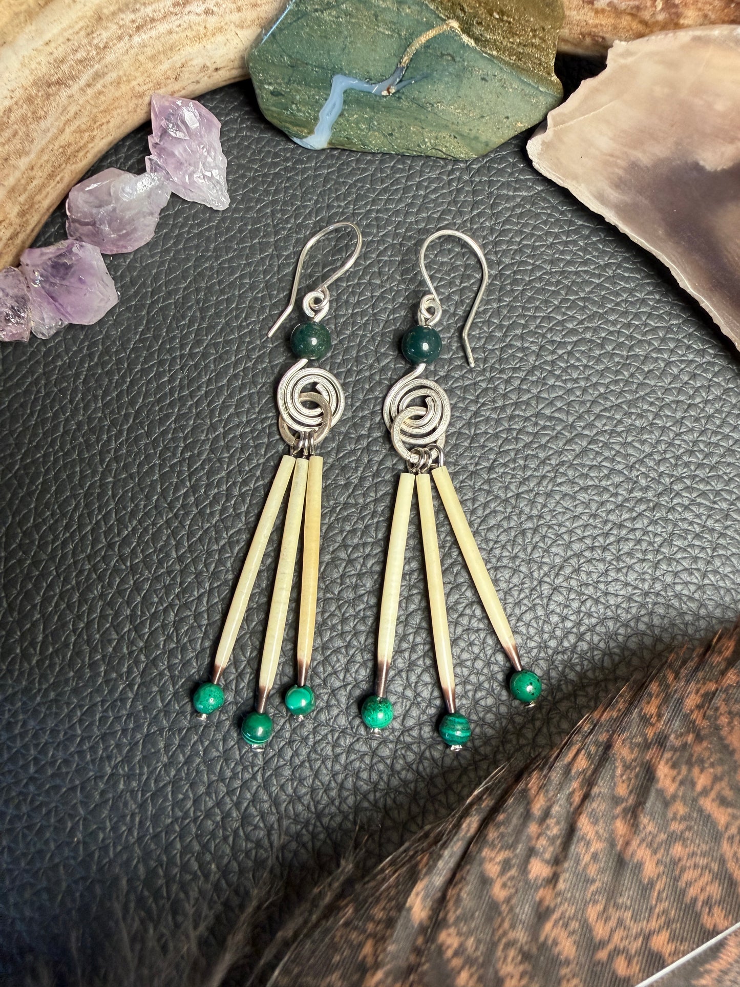 Moss Agate Silver Spiral - Three Quills