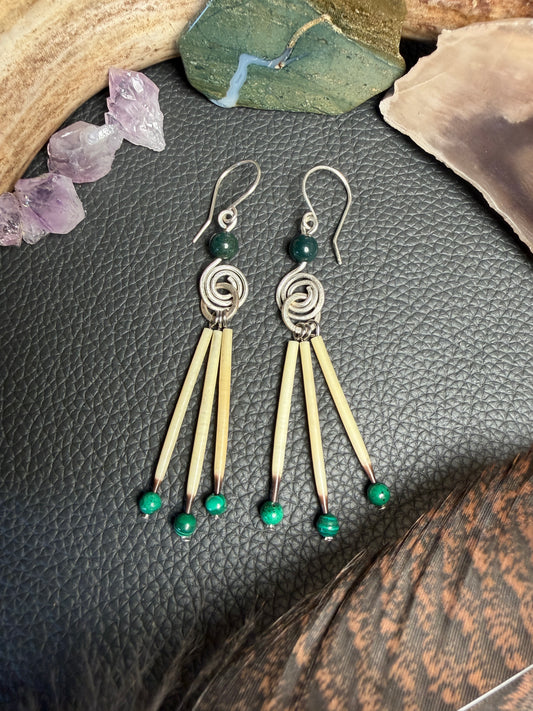 Moss Agate Silver Spiral - Three Quills