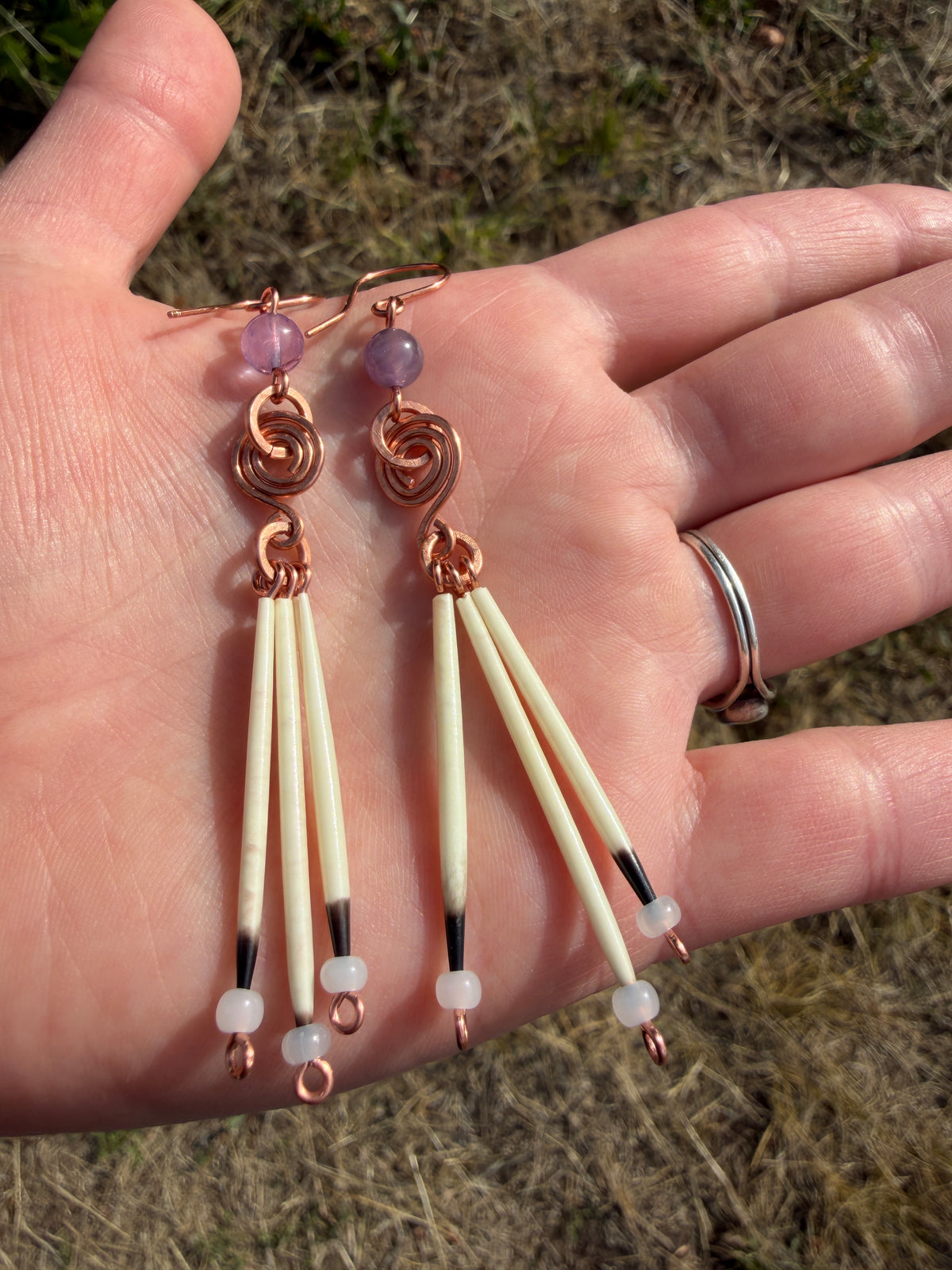 Copper Earrings-3 Quill- Amethyst Round
