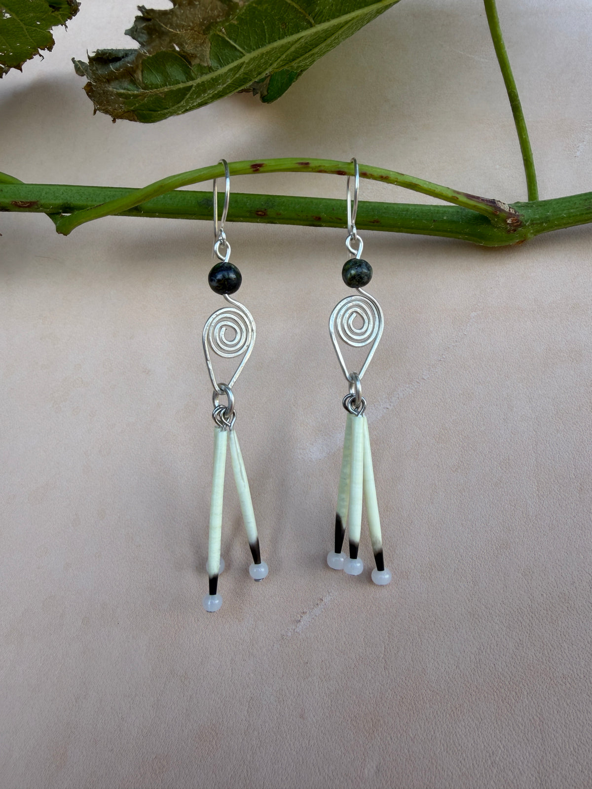 Silver Earrings-3 quill-Dragons blood Jasper