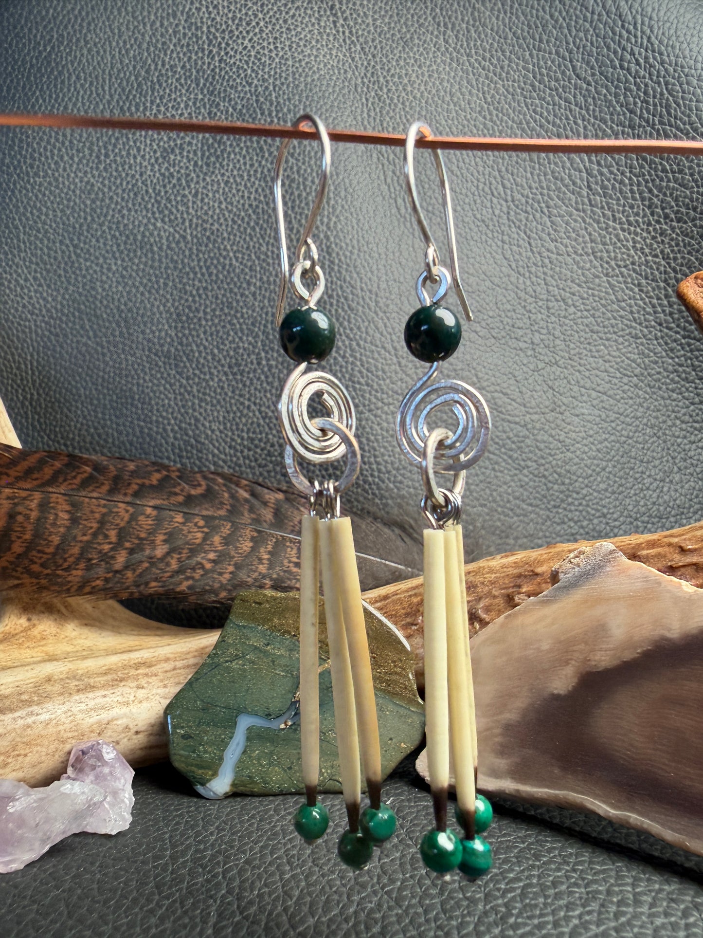 Moss Agate Silver Spiral - Three Quills
