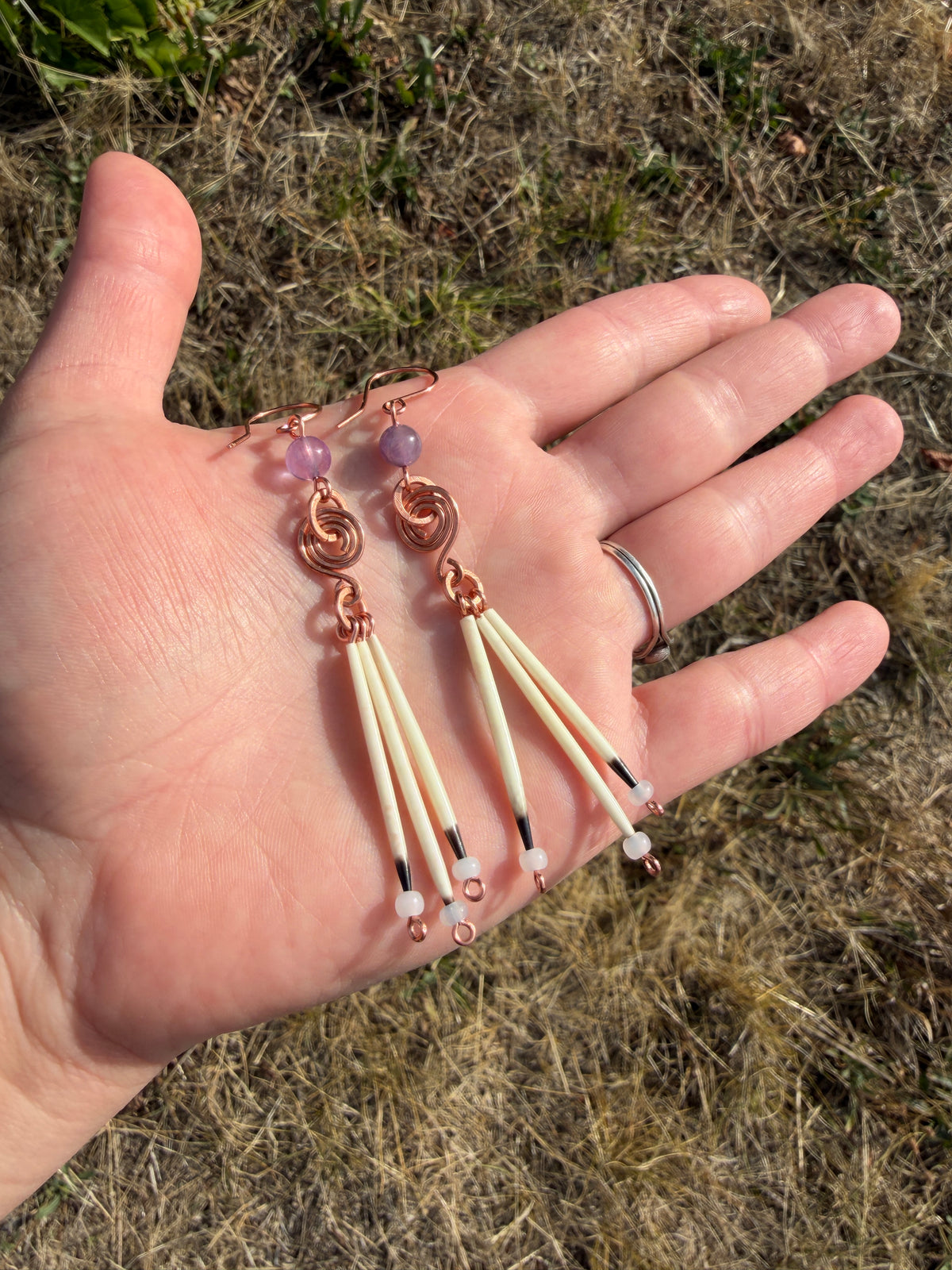 Copper Earrings-3 Quill- Amethyst Round
