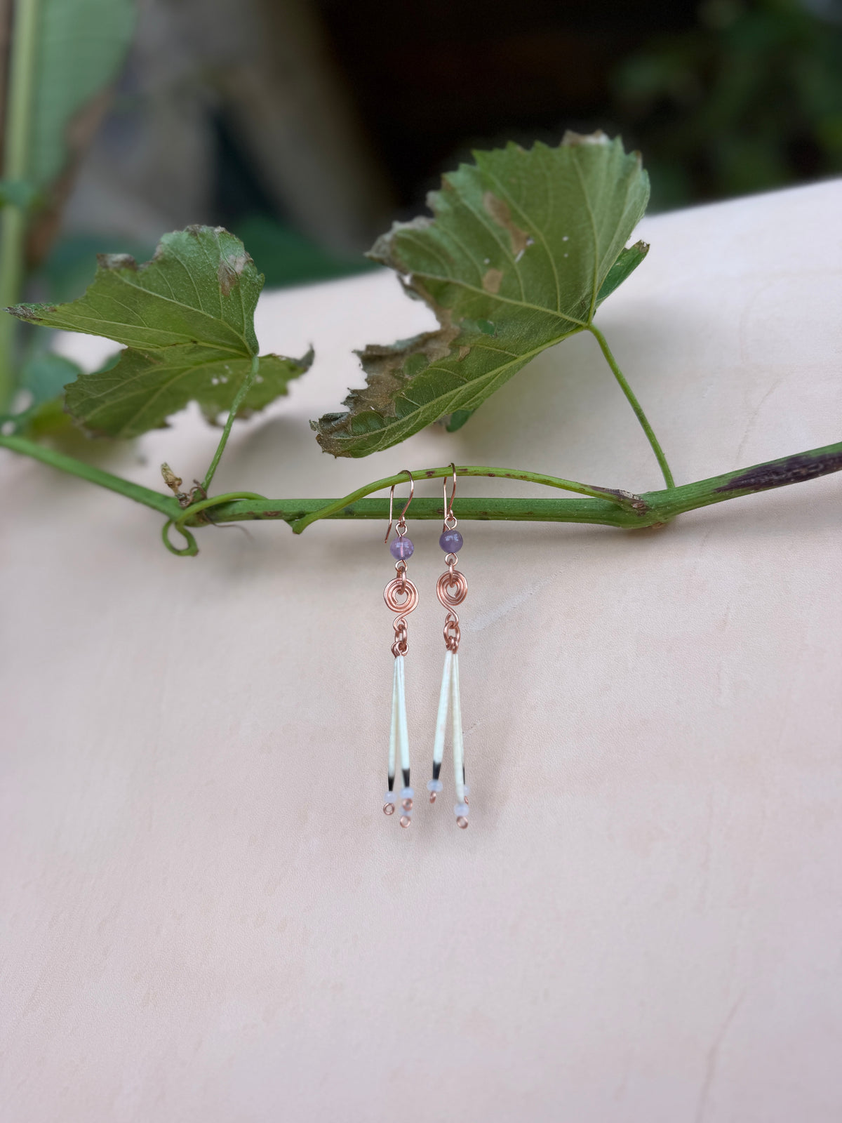 Copper Earrings-3 Quill- Amethyst Round