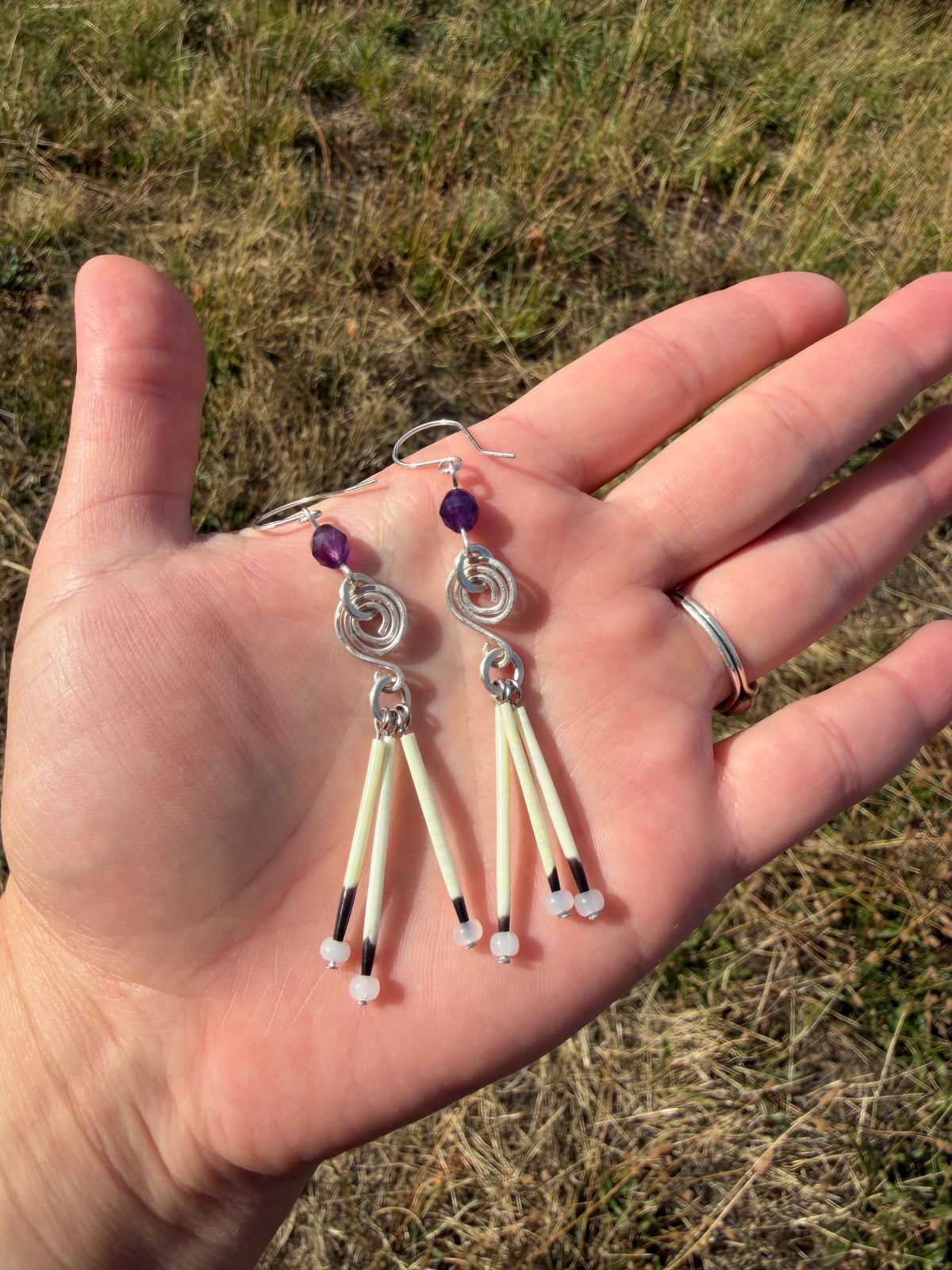 Silver Earrings-3 Quill-Faceted Amethyst