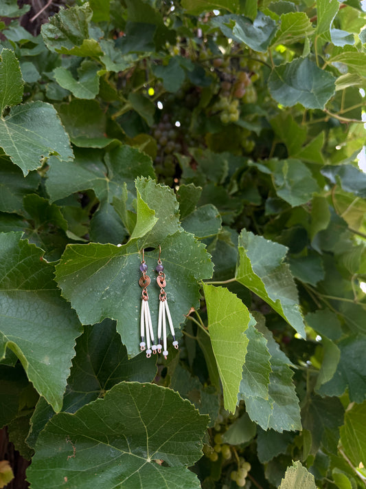 Copper Earrings-3 Quill- Amethyst Round