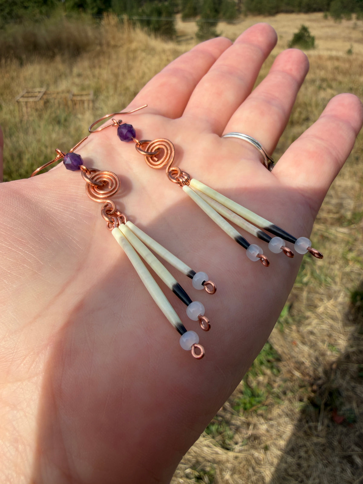 Copper Earrings-3 Quill-Faceted Amethyst