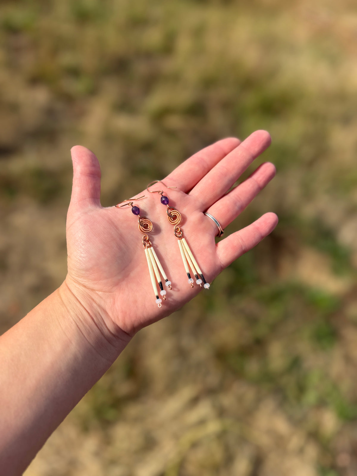 Copper Earrings-3 Quill-Faceted Amethyst