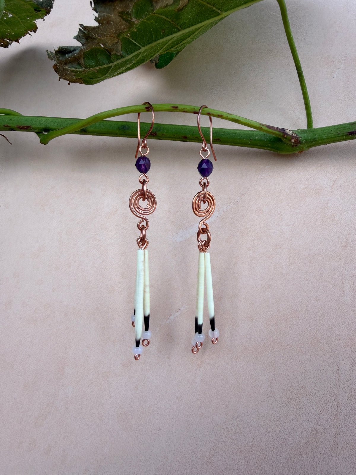 Copper Earrings-3 Quill-Faceted Amethyst