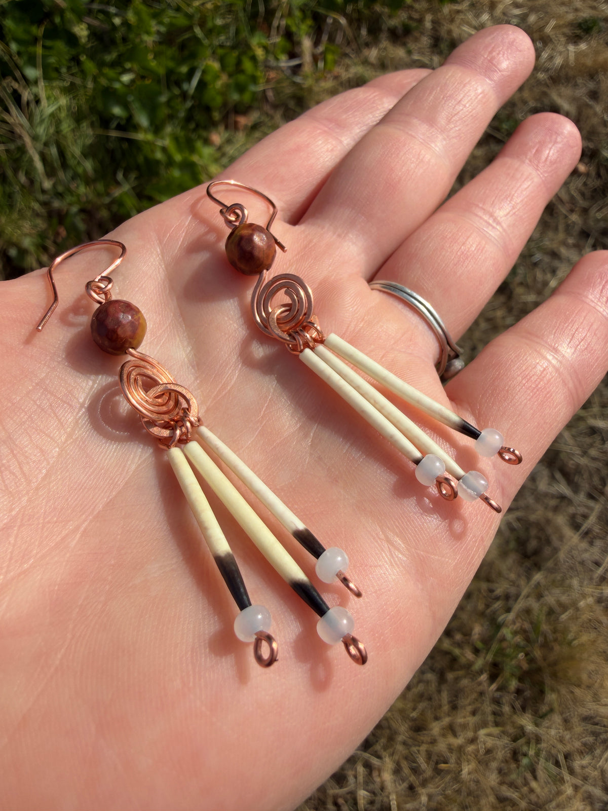 Copper Earrings-3 Quills-Faceted Jasper