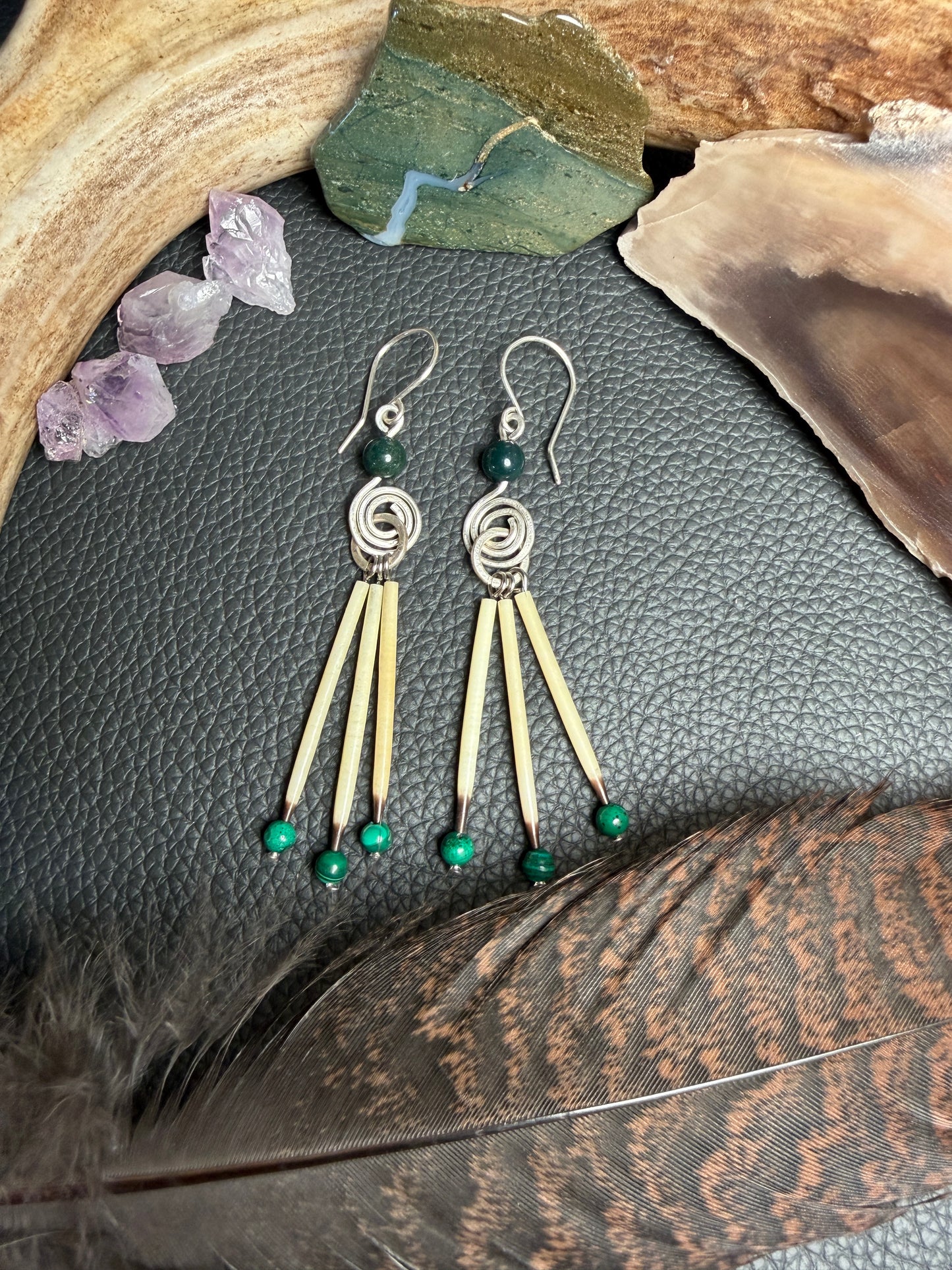 Moss Agate Silver Spiral - Three Quills