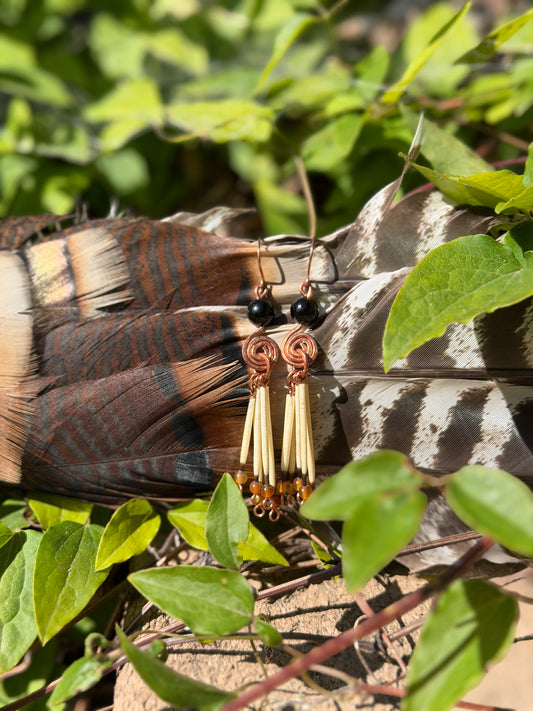 Obsidian Spiral - 5 Quill Earrings