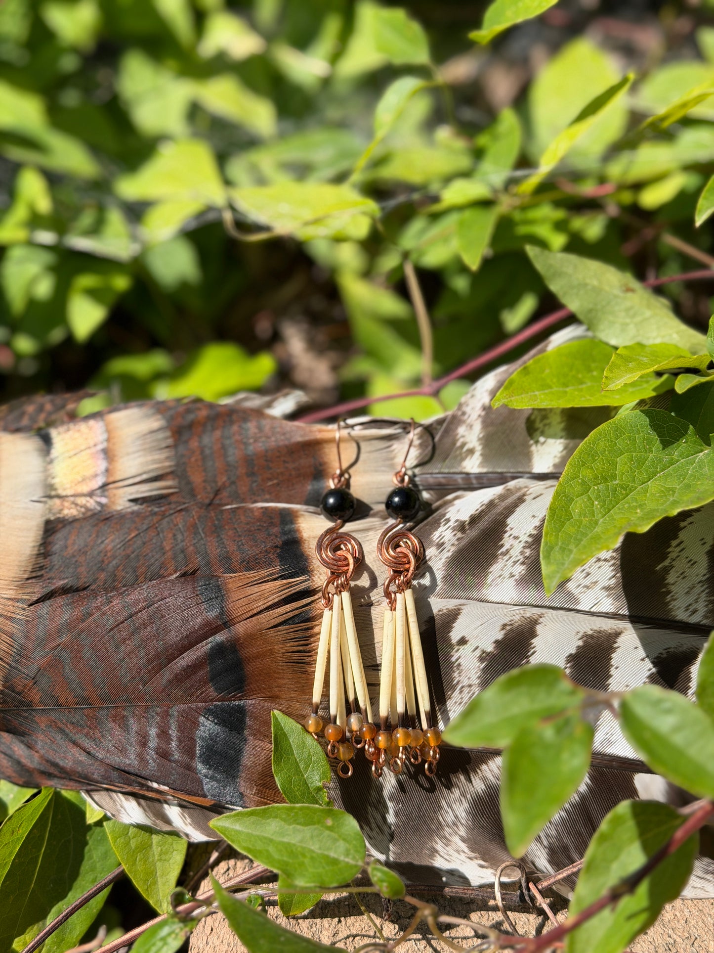 Obsidian Spiral - 5 Quill Earrings