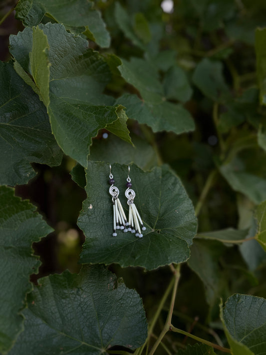 Silver Earrings-5 Quill-Amethyst Round