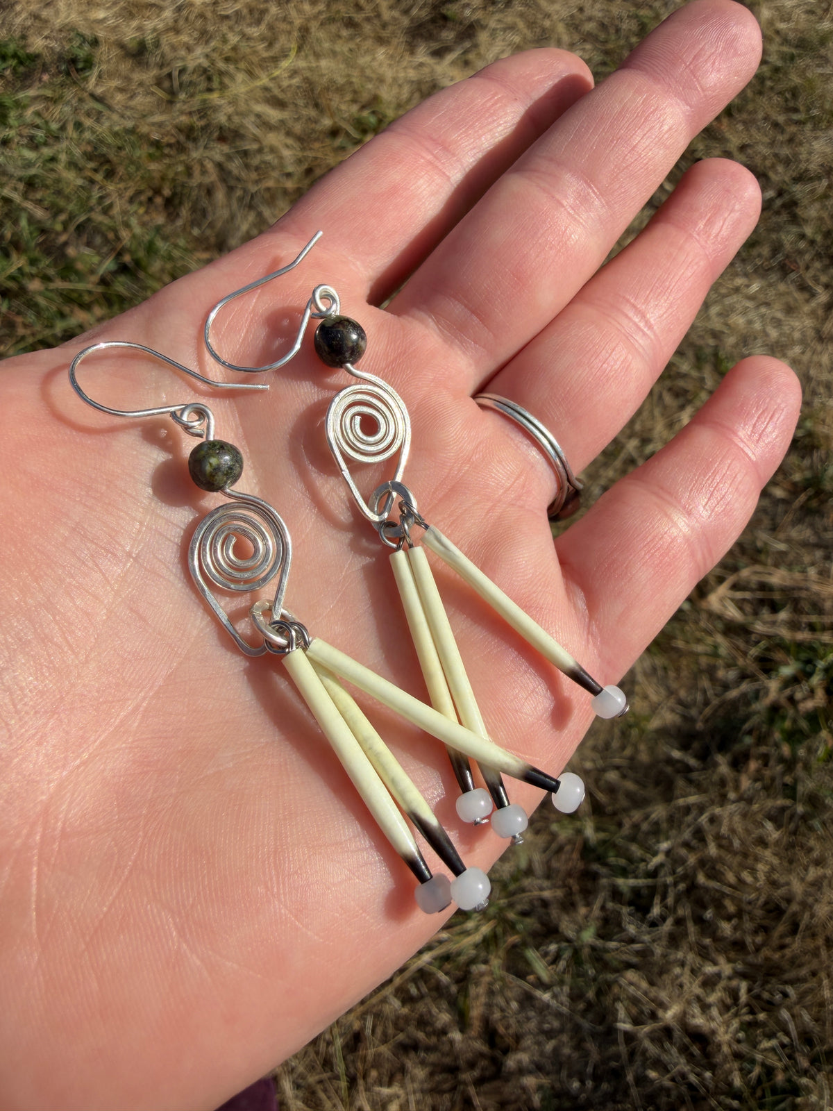 Silver Earrings-3 quill-Dragons blood Jasper