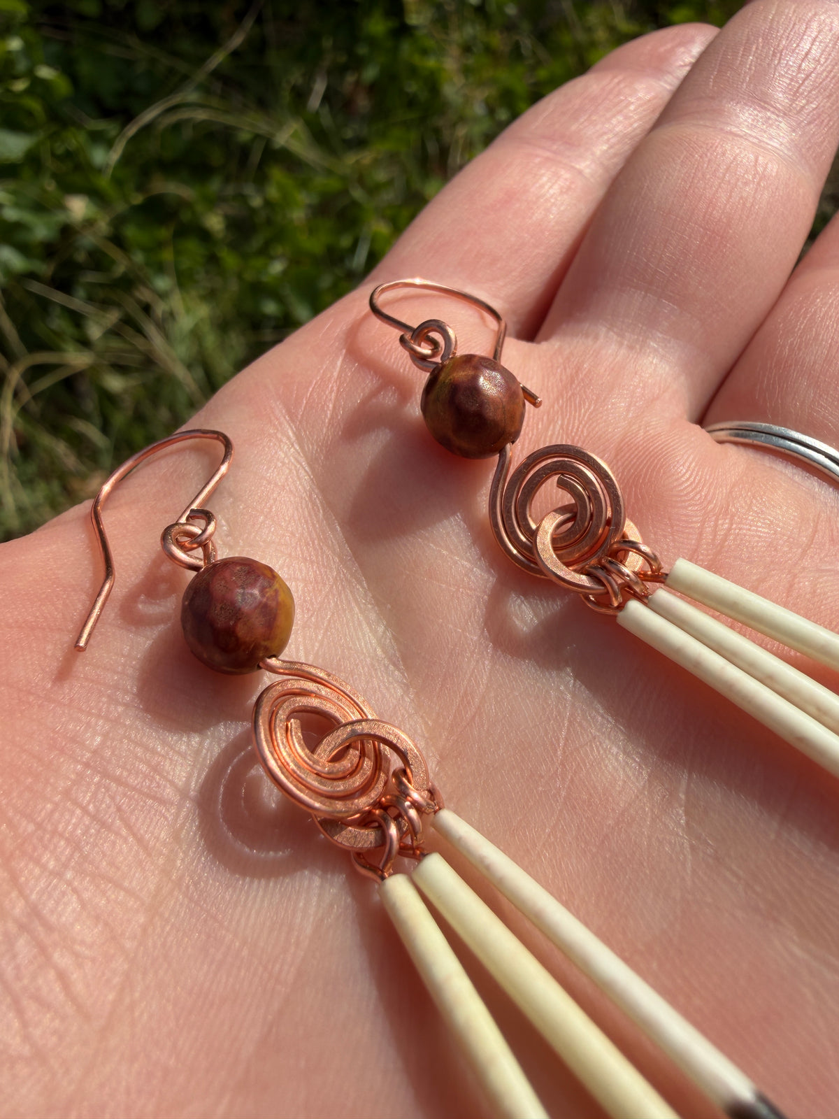 Copper Earrings-3 Quills-Faceted Jasper