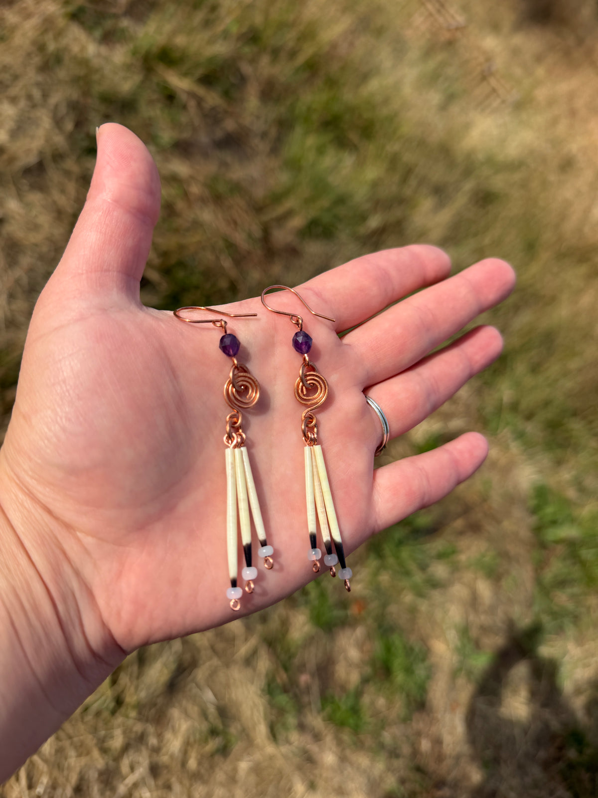 Copper Earrings-3 Quill-Faceted Amethyst