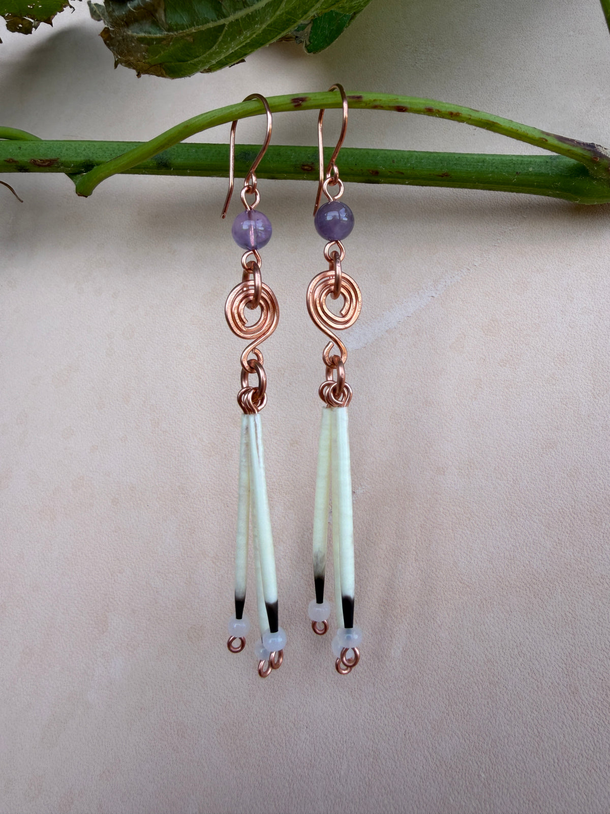 Copper Earrings-3 Quill- Amethyst Round