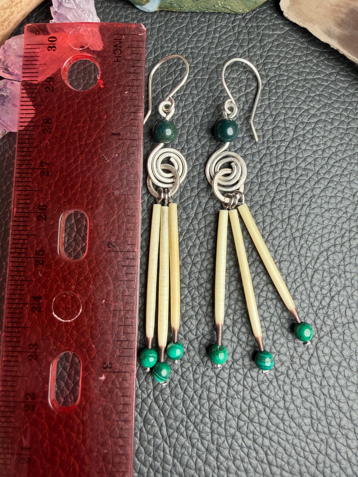Moss Agate Silver Spiral - Three Quills